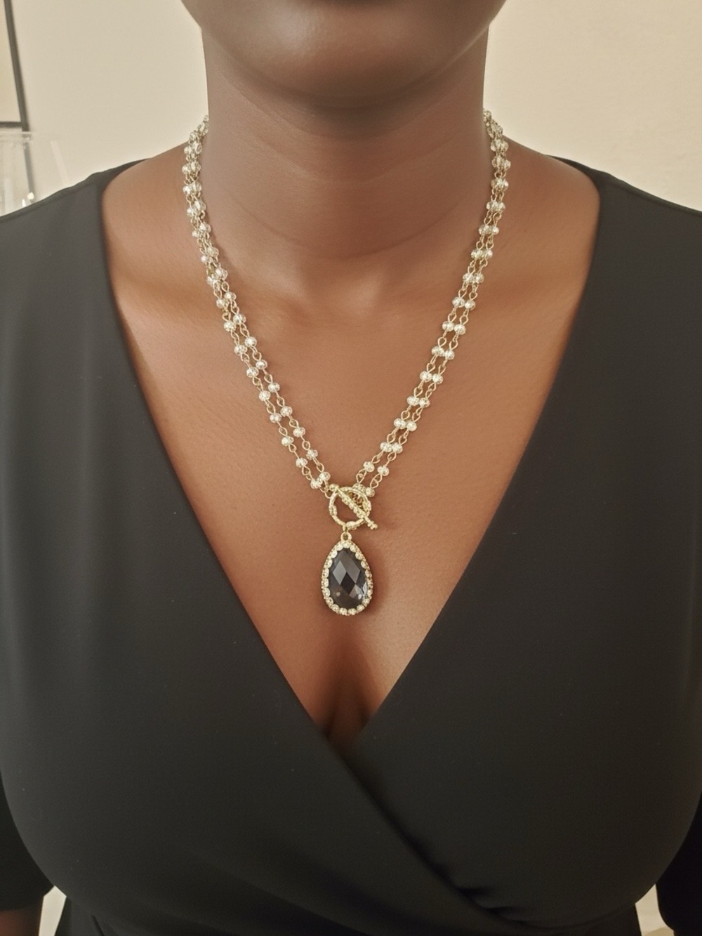 Vintage Gold tone and crystal beads  Necklace with blue Teardrop Pendant
